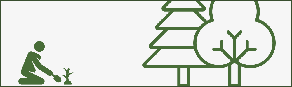 Graphic of a farmer tending crops and trees in green on a grey background